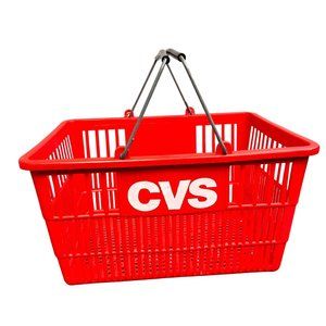 CVS Store Red Shopping Basket Tote Double Handles Plastic Logos 15.5 x 12